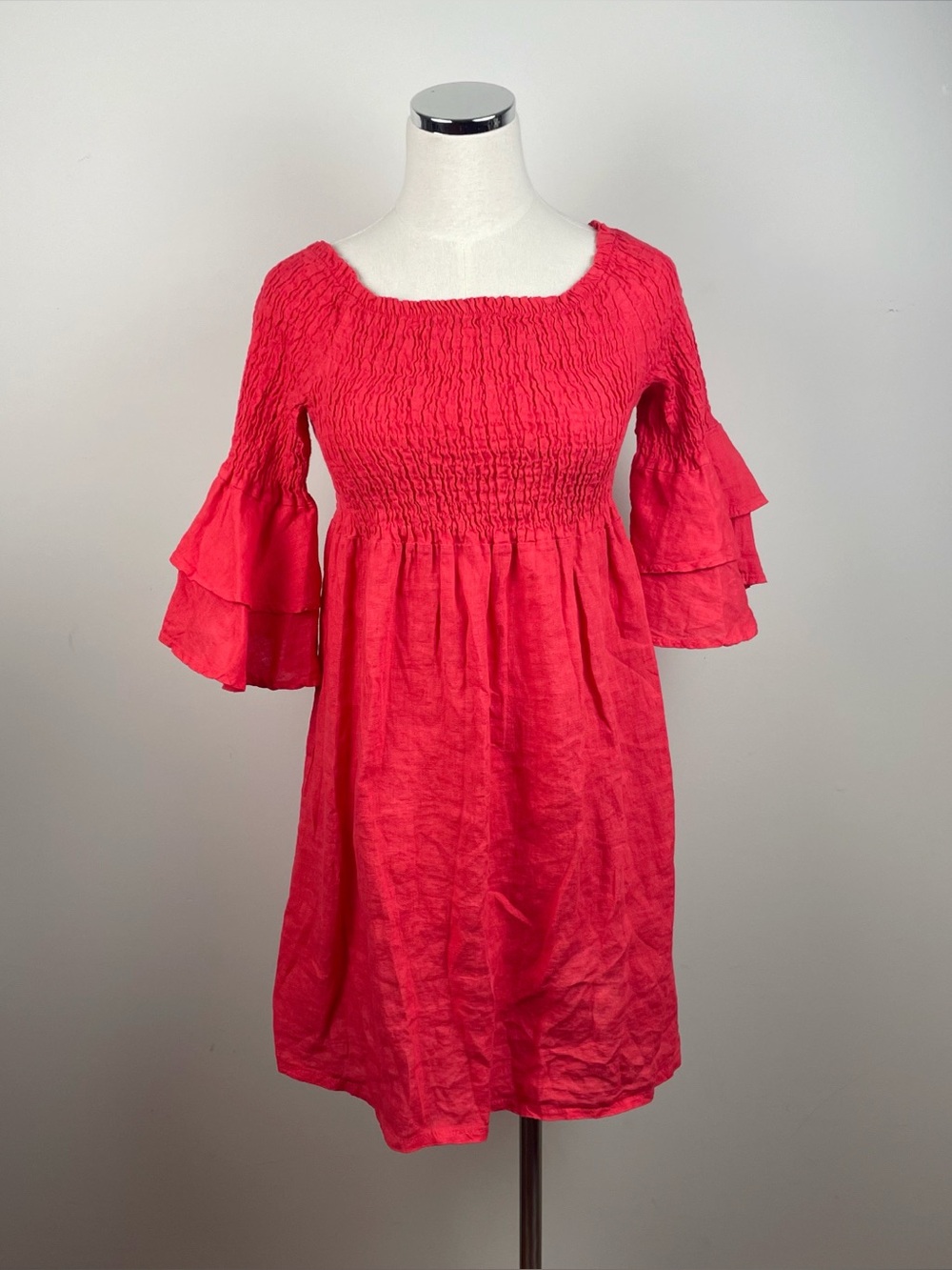 Terzo Millennio Solid Coral Red Linen Smock Bell Sleeve Dress Women Small